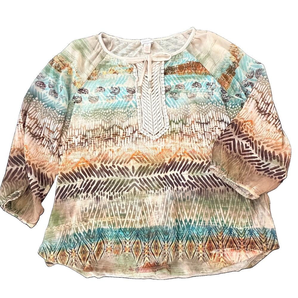 Chico's Crochet Tassle and Lace Blouse Shirt Neckline Womens L (Chico's Sz 2)
